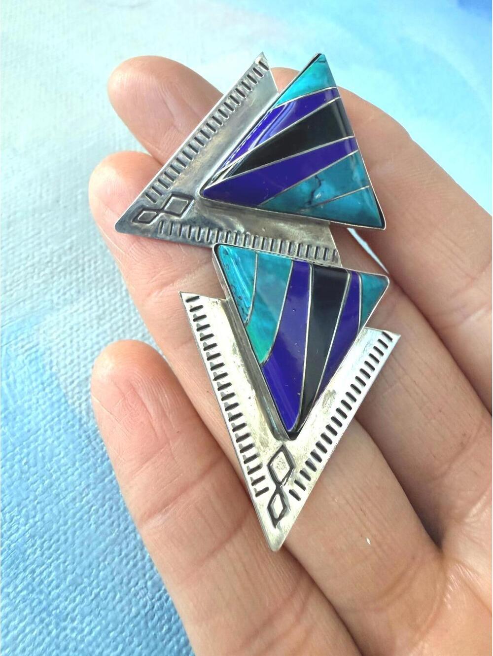 Sterling Inlay Triangle Earrings Lapis Turquoise SW - Picture 7 of 7